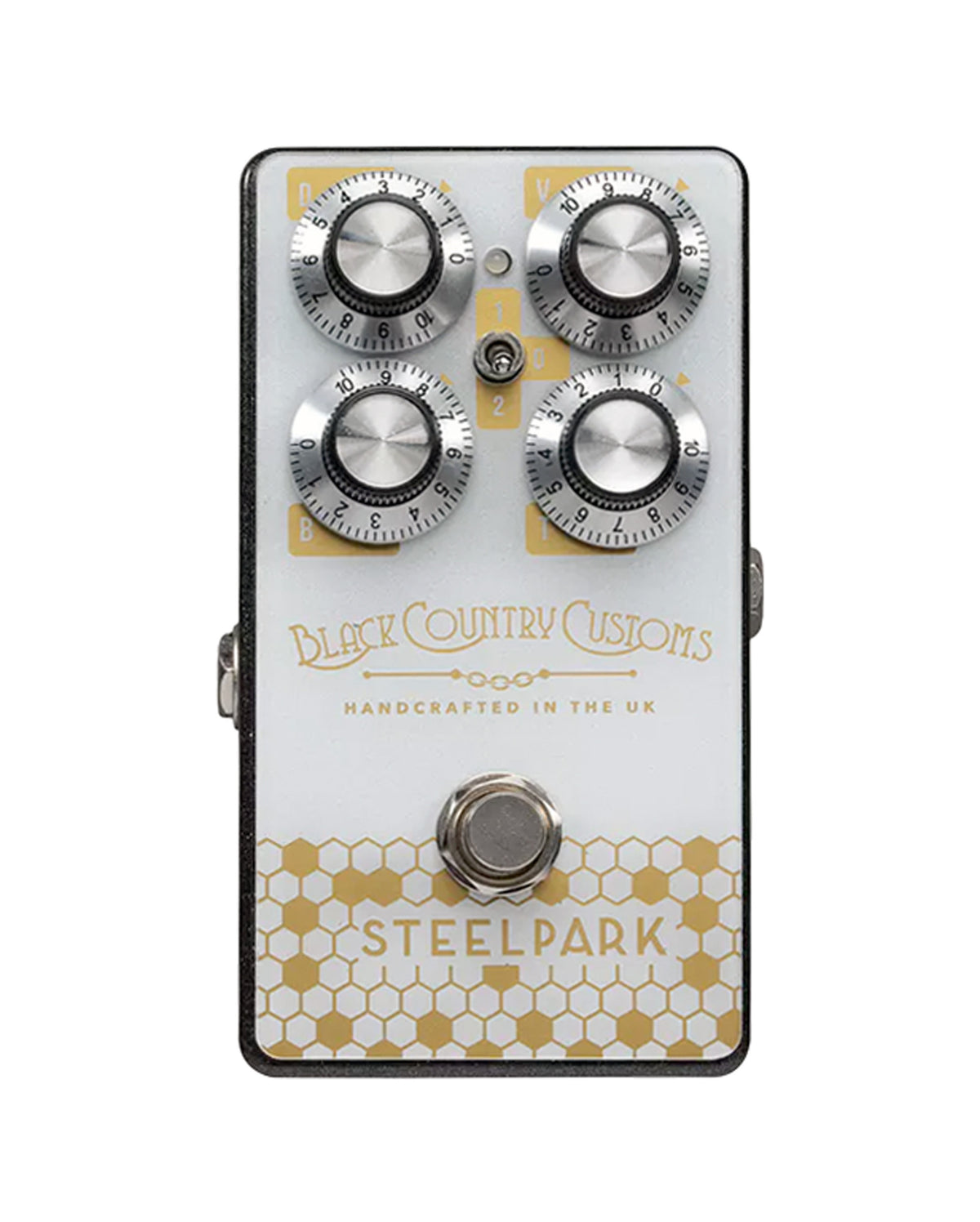 Pédale boost STEELPARK, 3 modes, jusqu'à 30dB de gain, switch silencieux, boitier métal, blanc et or