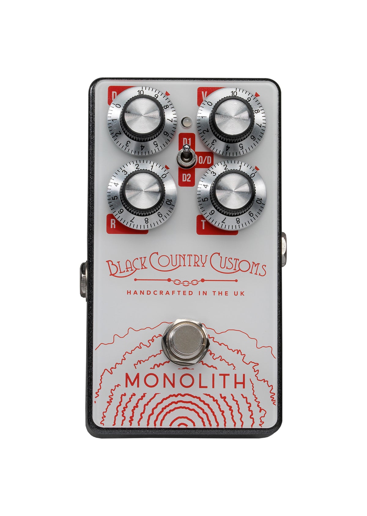 Pédale distorsion MONOLITH, 3 modes, switch silencieux, boitier métal, blanc et rouge