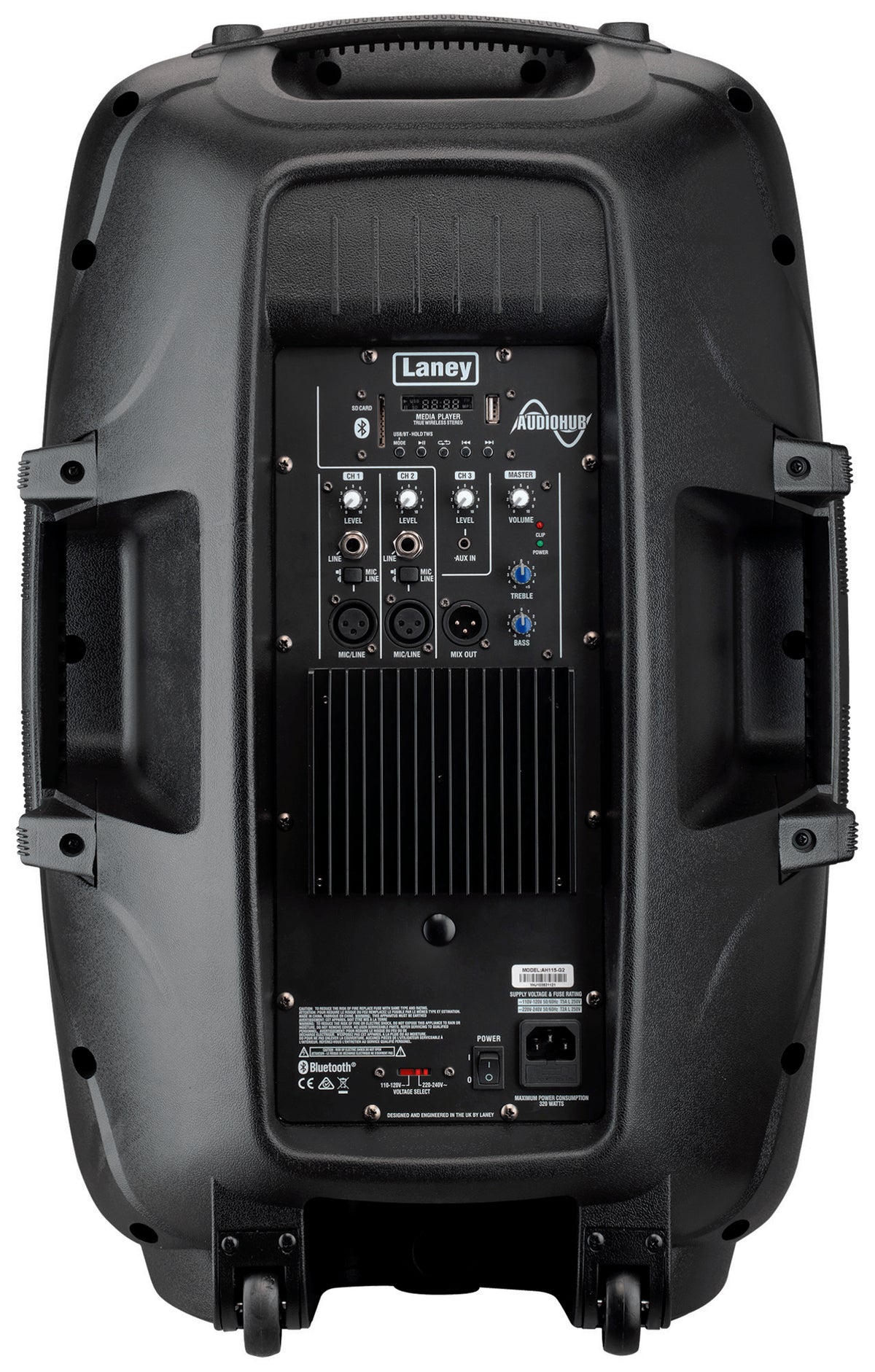 Enceinte polyvalente AH115-G2, 800W, HP 15" + compression 1", 3 canaux, lecteur média SD/USB/BLUETOOTH, 15 kg, noir