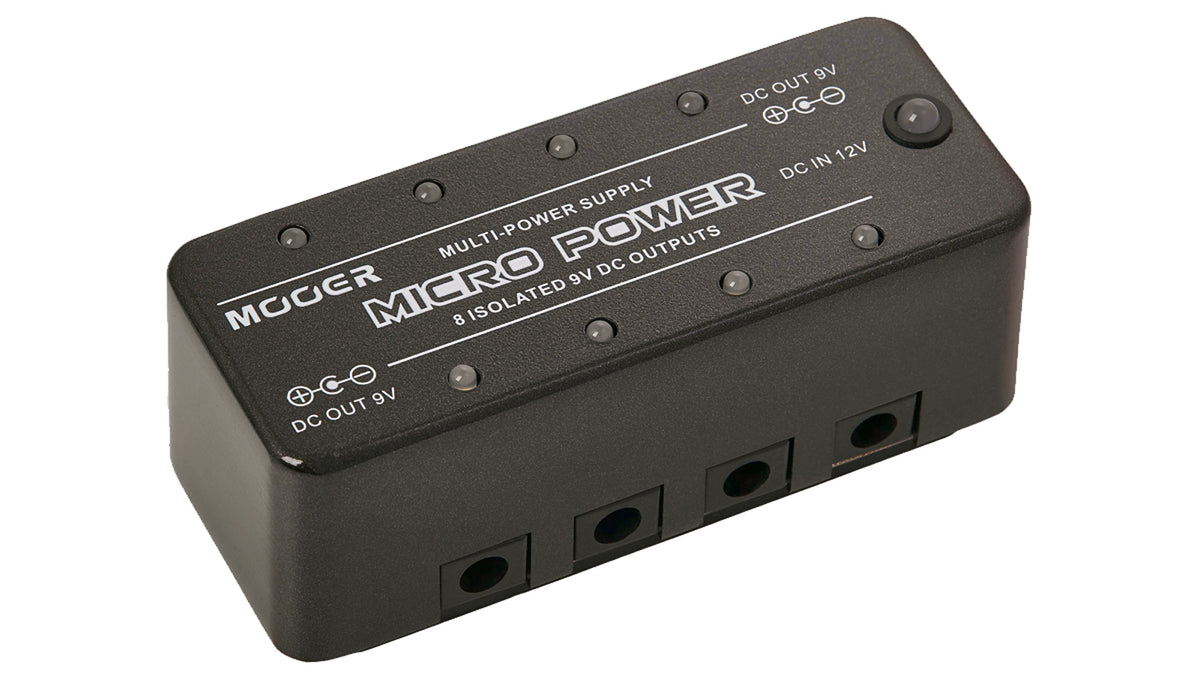 Pédale MICRO POWER, alimentation pour pédales, 8 sorties 9V (300 mA chacune), livré avec câble et adaptateur 12V/2A, noir