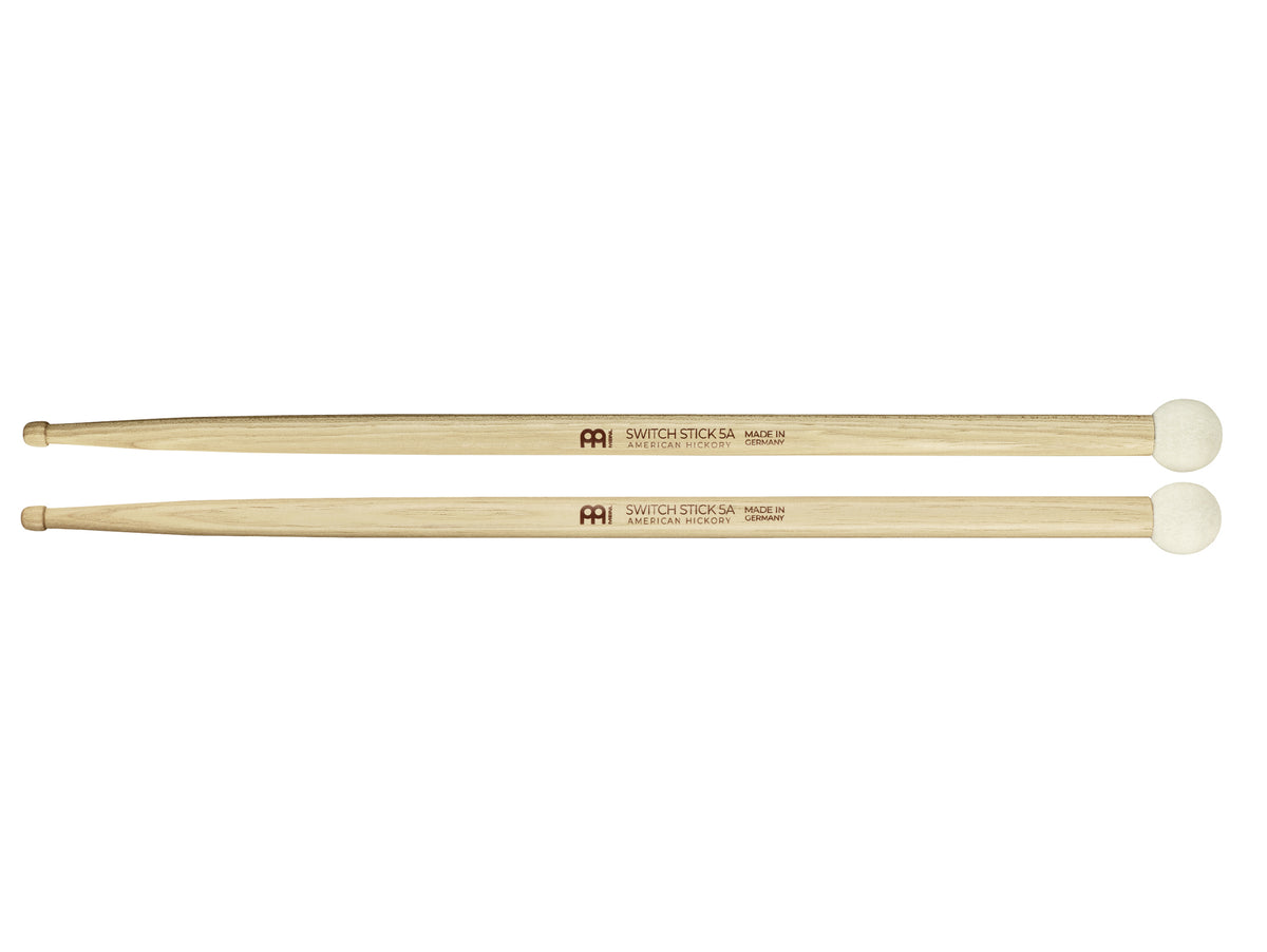 Switch Stick 5A Meinl, 1 côté baguette 5A Hybrid et 1 côté mailloche à feutre dur.