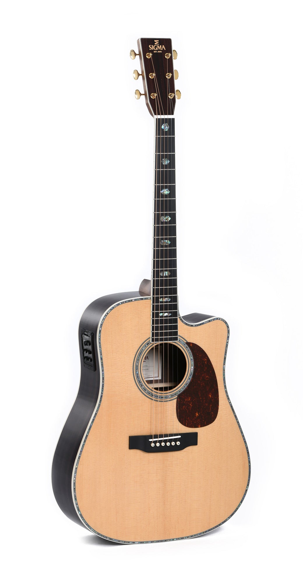 Modèle DTC-41E, Dreadnought pan coupé, table épicéa massif, f/e tilia, touche micarta, binding abalone, EQ Fishman, naturel