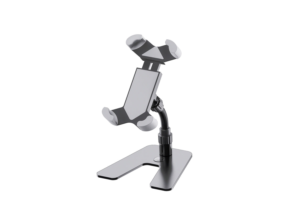 Support tablette de table design, acier et plastique, bras de maintien flexible, noir.