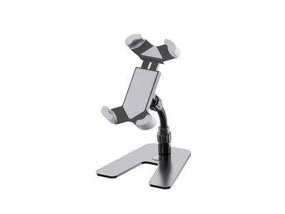 Support tablette de table design, acier et plastique, bras de maintien flexible, noir.