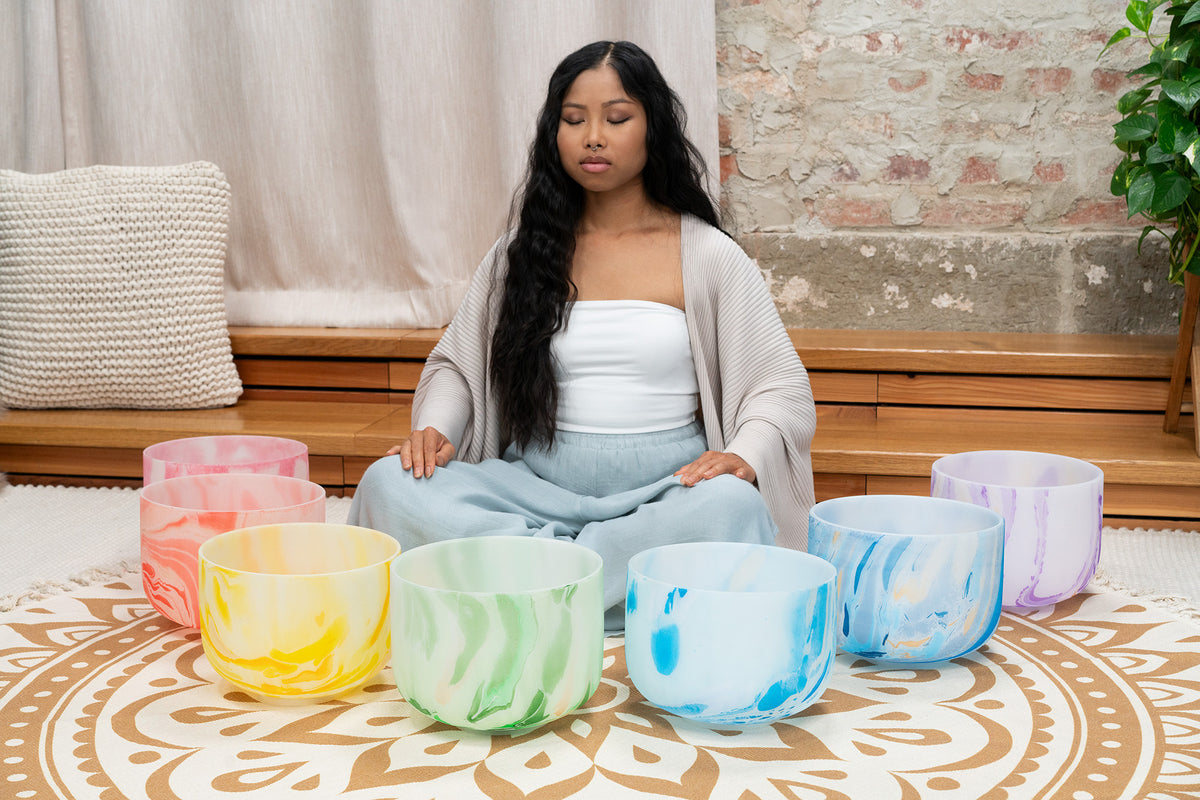 SET 7 SINGING BOWL MARBRES SONIC ENERGY CRYSTAL 10". 7 CHAKRAS 432HZ