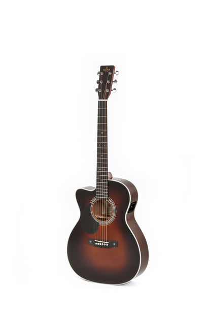 Modèle OMTC-1EL-SB, Orchestra Model pan coupé, table épicéa massif, f/e tilia, EQ Fishman, sunburst brillant, gaucher