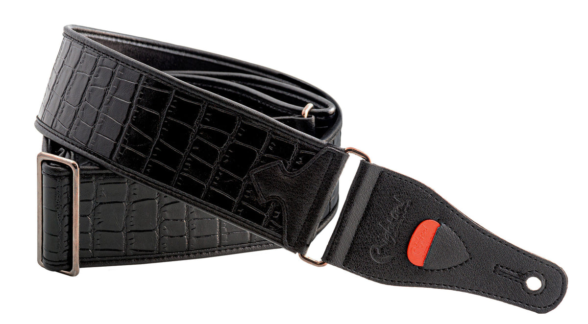 Courroie modèle ALLIGATOR, synthétique, largeur 6 cm, longueur 95 à 150 cm, porte-médiators intégré, noir