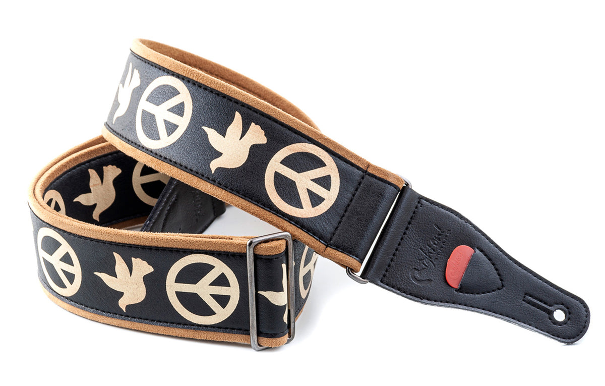 Courroie modèle LEGEND PEACE&DOVES, synthétique, largeur 6 cm, longueur 90 à 150 cm, porte-médiators intégré, noir