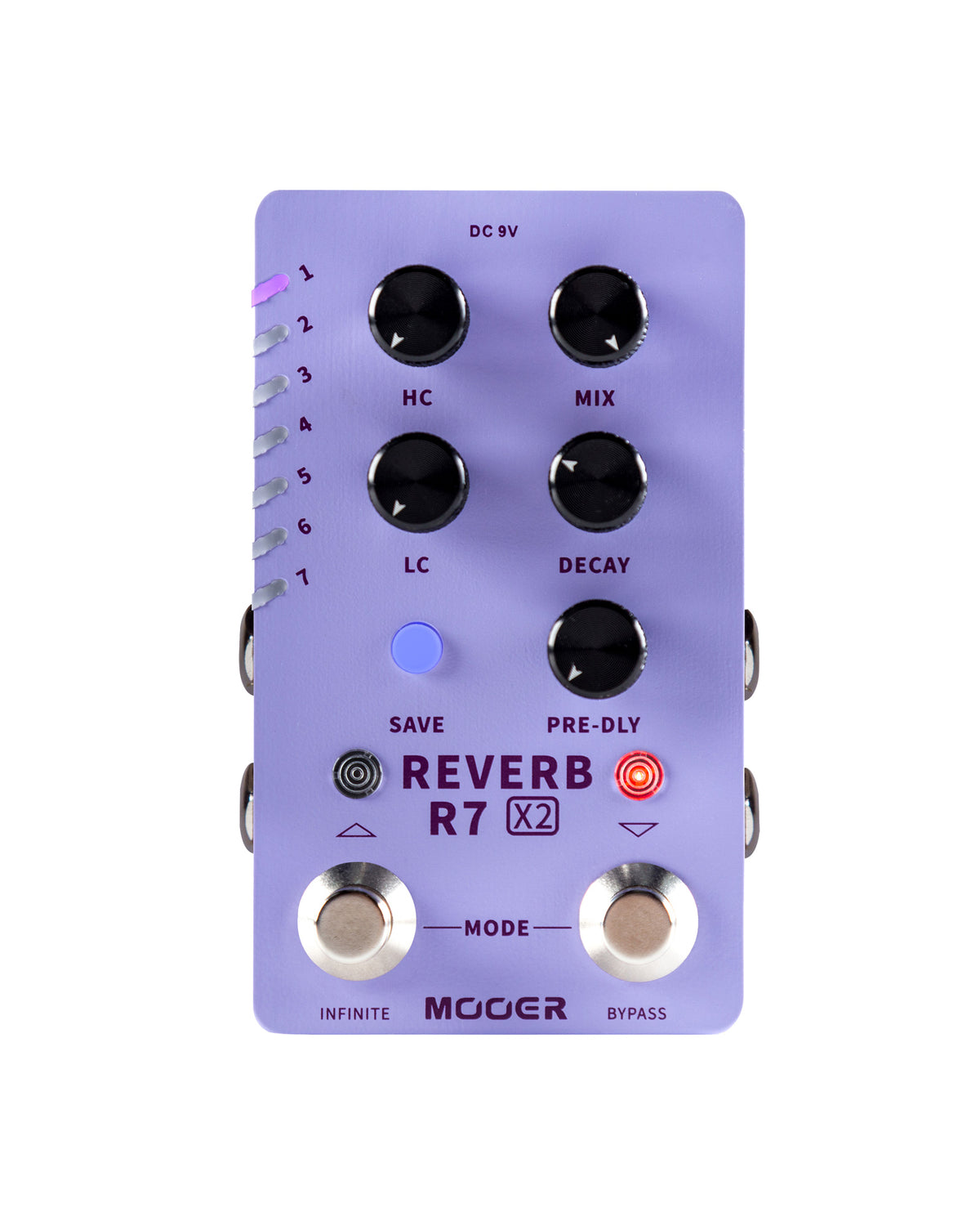Pédale R7 REVERB X2, 14 types de réverbs numériques personnalisables, 14 presets utilisateurs, boîtier métal, violet