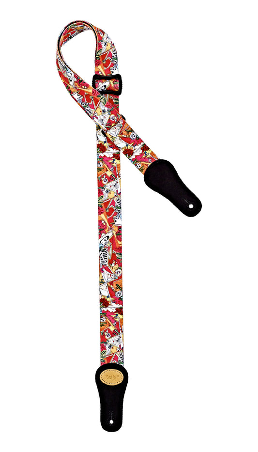 Courroie ukulélé, design"El Muerto", nylon, extrémités daim, largeur 3.6 cm, longueur jusqu'à 144 cm