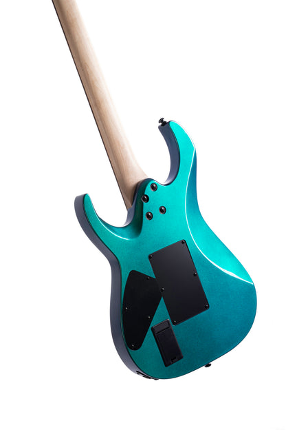 X300, corps tilleul, manche érable, touche palissandre, vibrato Floyd Rose, 2 micros EMG RetroActive Hot70, flip blue