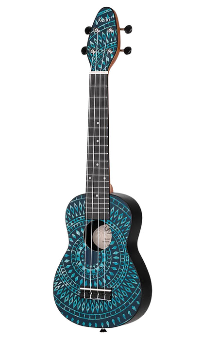 K2SS-BKC, pack ukulélé Soprano Superscale, table agathis design"kaléidoscope", corps ABS galbé, accessoires, bleu satiné