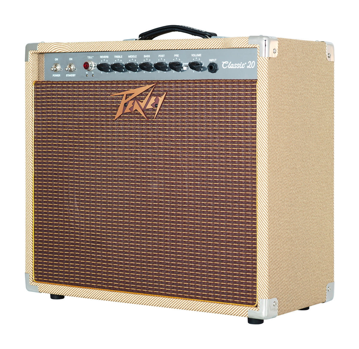 Ampli à lampes 20W, HP 1x 12", 2 canaux, EQ 3 bandes, Reverb intégrée, pédalier inclus, sortie DI, sortie casque, finition tweed