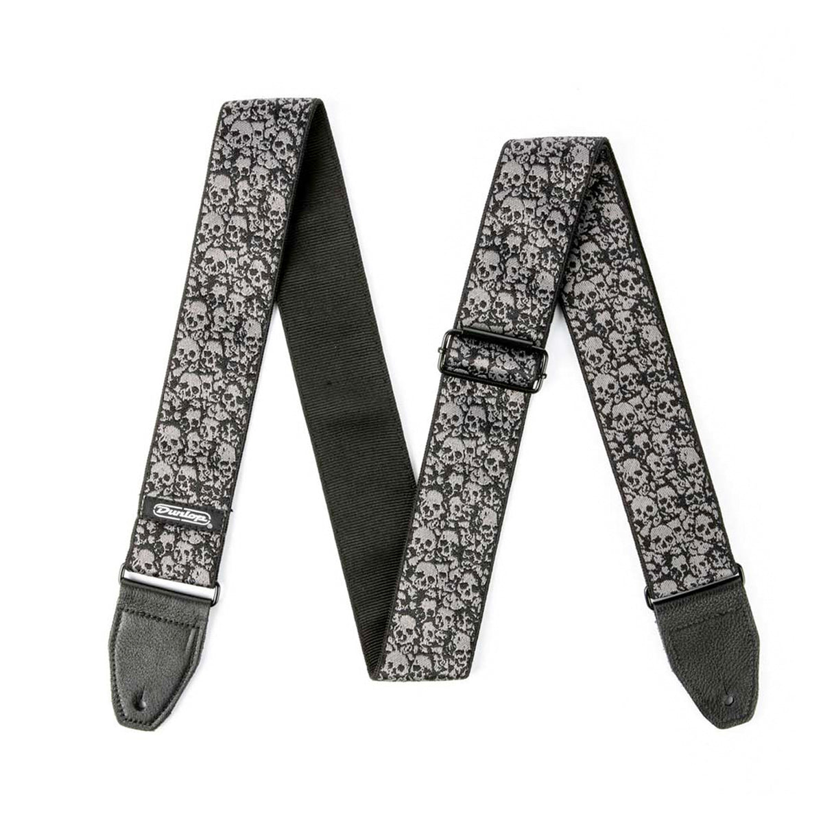 Courroie jacquard modèle CATACOMB, extrémités cuir, largeur 5 cm, noir et gris