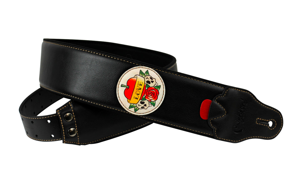 Courroie modèle TATOO LOVE, extérieur synthétique, largeur 7 cm, longueur 98 à 153 cm, porte-médiators intégré, noir
