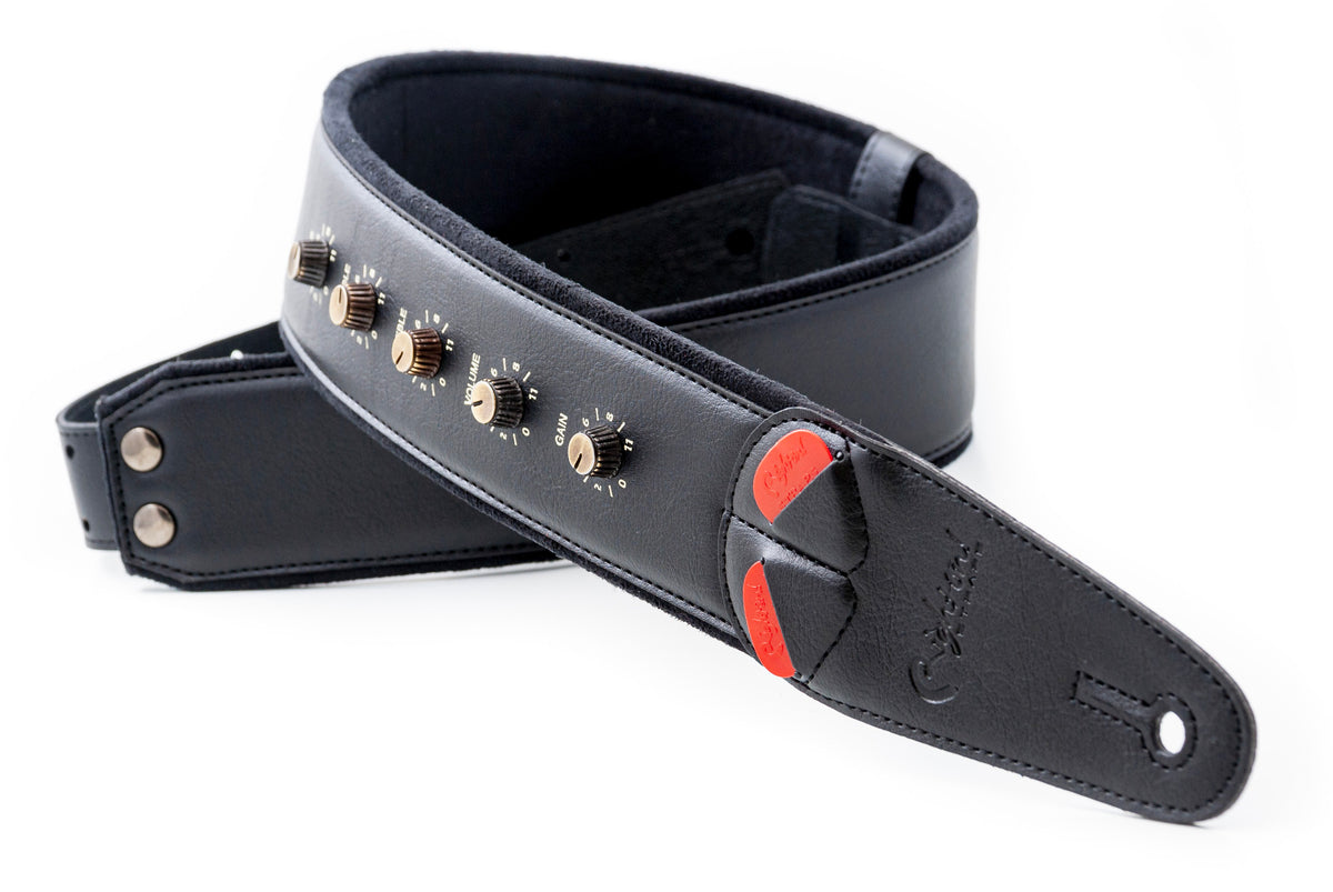 Courroie modèle SPINALTAP, extérieur synthétique, largeur 6 cm, longueur 100 à 145 cm, porte-médiators intégré, noir