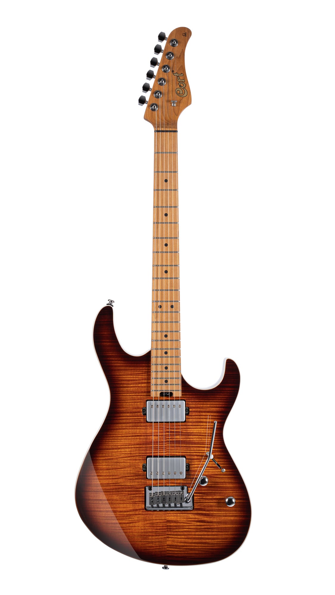 G290 FAT II, corps sassafras, table érable flammé, manche et touche érable torréfié, 2 micros Voiced Tone VTH-77, violin burst