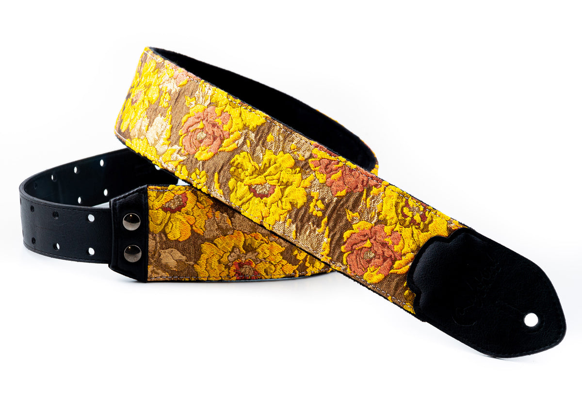 Courroie modèle GOLD & ROSES, extérieur synthétique et tissu, largeur 7 cm, longueur 95 à 150 cm, porte-médiators, orange