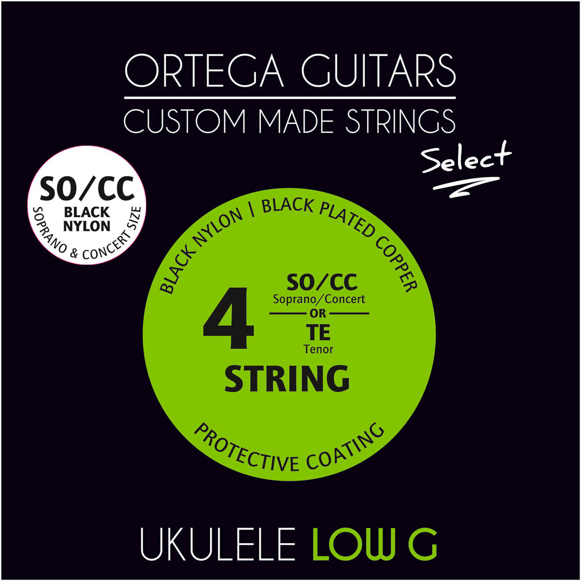 Jeu CUSTOM SELECT pour ukulélé soprano ou concert, nylon et cuivre plaqué noir, revêtement anti corrosion
