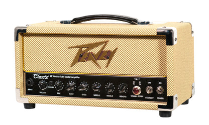 Tête amplifiée à lampes compact 20W, 2 canaux, EQ 3 bandes, Reverb, pédalier inclus, sortie DI, sortie casque, finition tweed