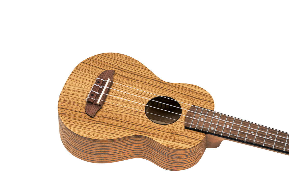 RFU10Z, modèle Soprano, table zebrawood, fond & éclisses zebrawood, manche acajou, housse, naturel satiné