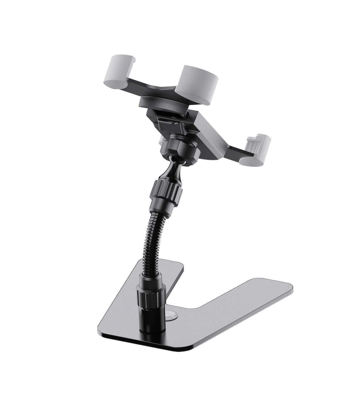 Support tablette de table design, acier et plastique, bras de maintien flexible, noir.