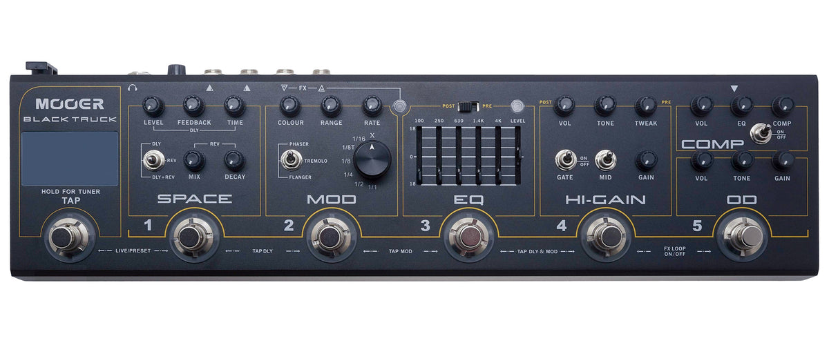 Pédalier BLACK TRUCK, 6 pédales d'effet (Compresseur, Overdrive, Distorsion, EQ, Modulation, Délai/Réverb), noir