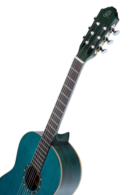 R121SNOC, modèle Slim Neck, table épicéa, fond & éclisses acajou, manche acajou (sillet 48 mm), housse, bleu océan brillant