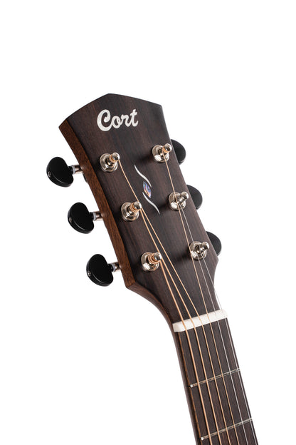 CORE-DC, forme Dreadnought, table acajou massif, f/e acajou massif, EQ Fishman Sonitone, soft case, noir dégradé pores ouverts