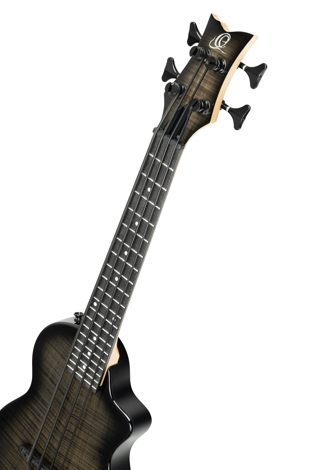 NEO-BS-TGB, modèle Ukebass, pan coupé, EQ MagusExpress, table érable flammé, corps okoumé, manche érable, housse, gris