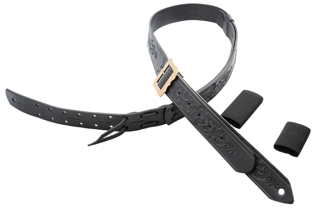 Courroie modèle LEGEND BM BOHEMIAN, cuir haute qualité, largeur 4 cm, longueur 96 à 145 cm, porte bottleneck intégré, noir
