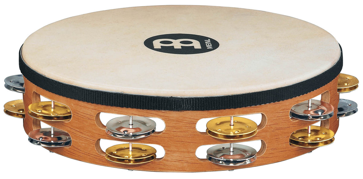 Tambourin bois avec peau de chèvre sélectionnée à la main, 2 rangée de cymbalettes acier nickelé et laiton, Super Natural