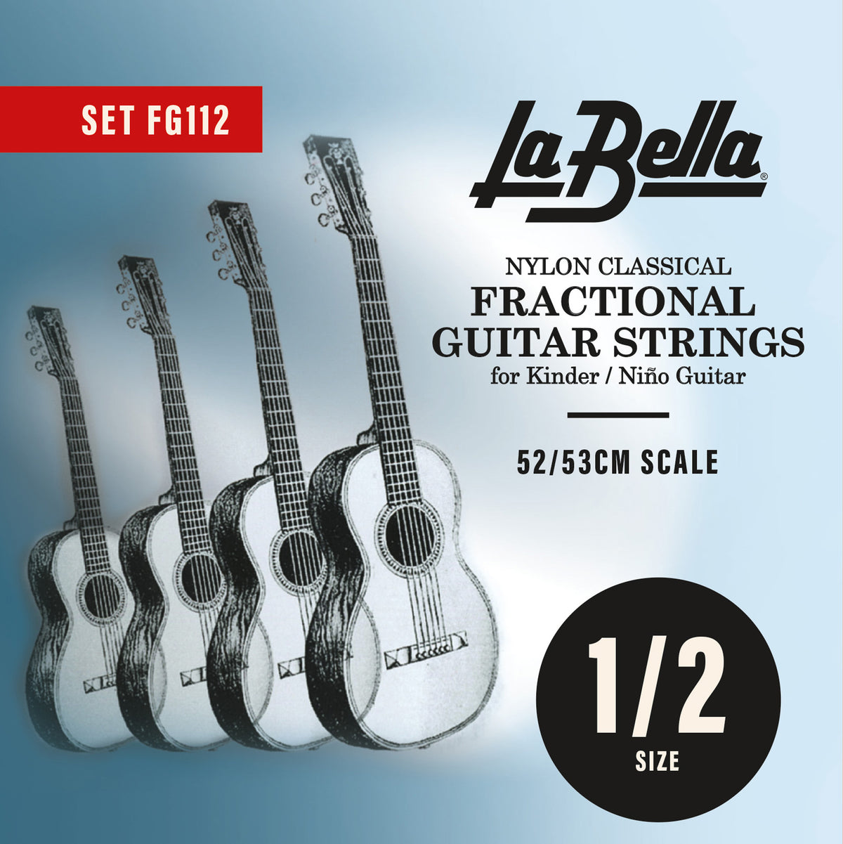 Jeu pour guitare classique FRACTIONAL, aigus nylon, basses filées plaqué argent, taille 1/2 (longueur vibrante 52/53 cm)