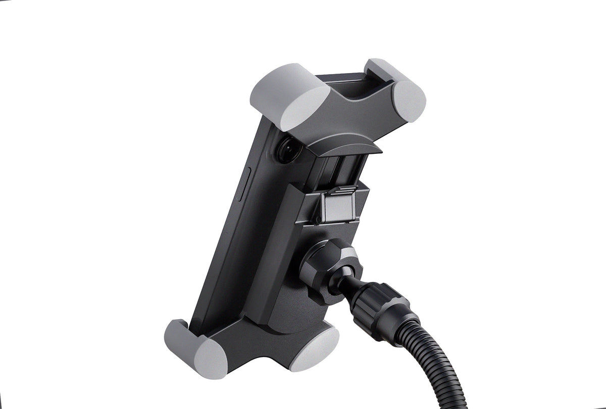 Support tablette de table design, acier et plastique, bras de maintien flexible, noir.