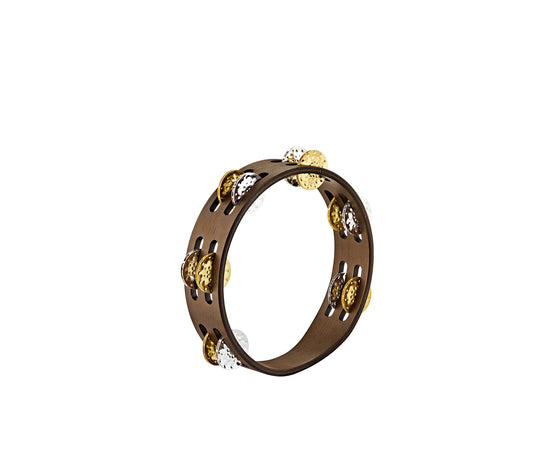 Tambourin bois compact 8", 2 rangées de cymbalettes acier martelé et laiton martelé, Walnut brown