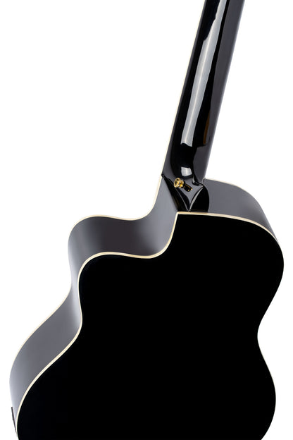 RCE141, pan coupé, EQ Ortega MagusPro, table épicéa massif, manche acajou (52 mm), noir brillant