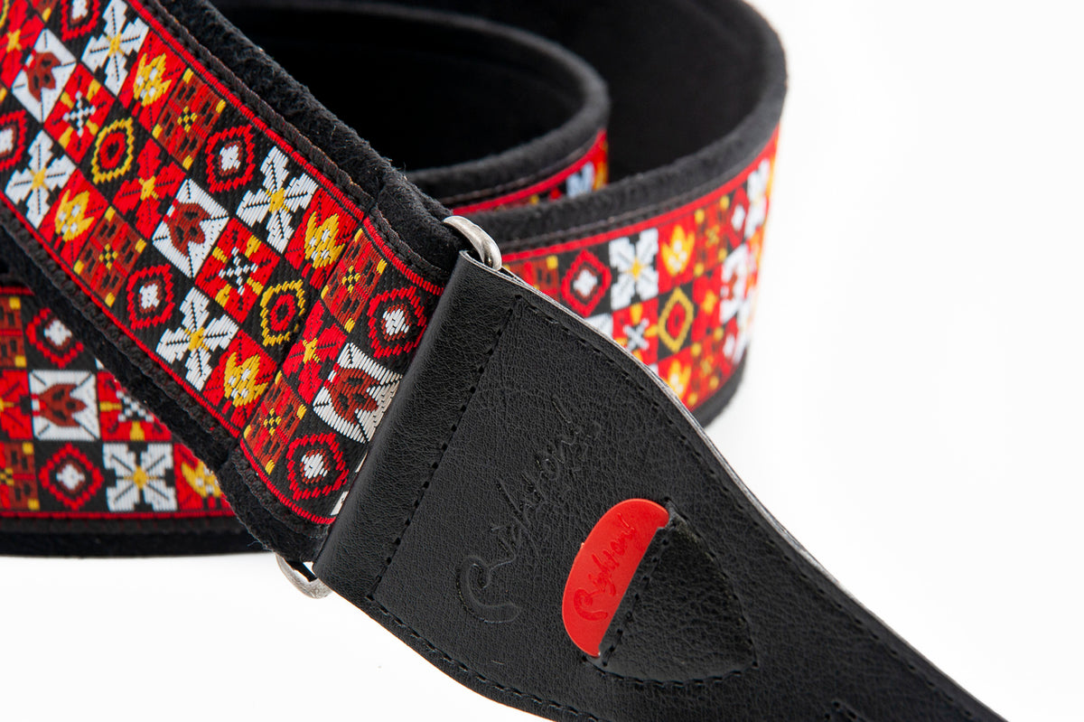 Courroie modèle LEGEND JH.II, tissu Jacquard, largeur 6 cm, longueur 90 à 150 cm, porte-médiators intégré, rouge