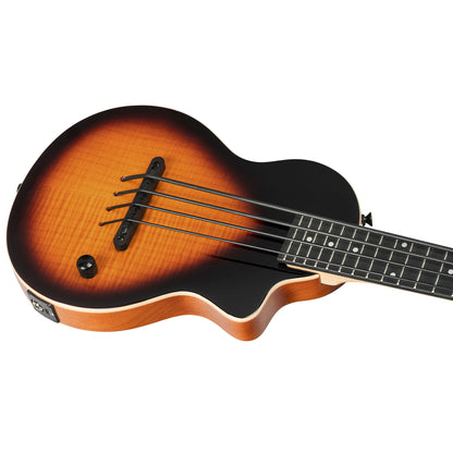 NEO-BS-TSB, modèle Ukebass, pan coupé, EQ MagusExpress, table érable flammé, corps okoumé, manche érable, housse, tobacco burst