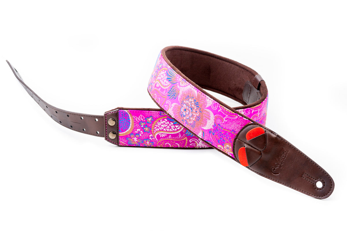 Courroie modèle HOKKAIDO, extérieur synthétique, largeur 6 cm, longueur 100 à 150 cm, porte-médiators intégré, rose