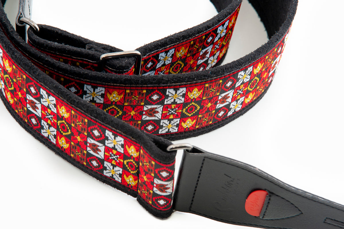 Courroie modèle LEGEND JH.II, tissu Jacquard, largeur 6 cm, longueur 90 à 150 cm, porte-médiators intégré, rouge
