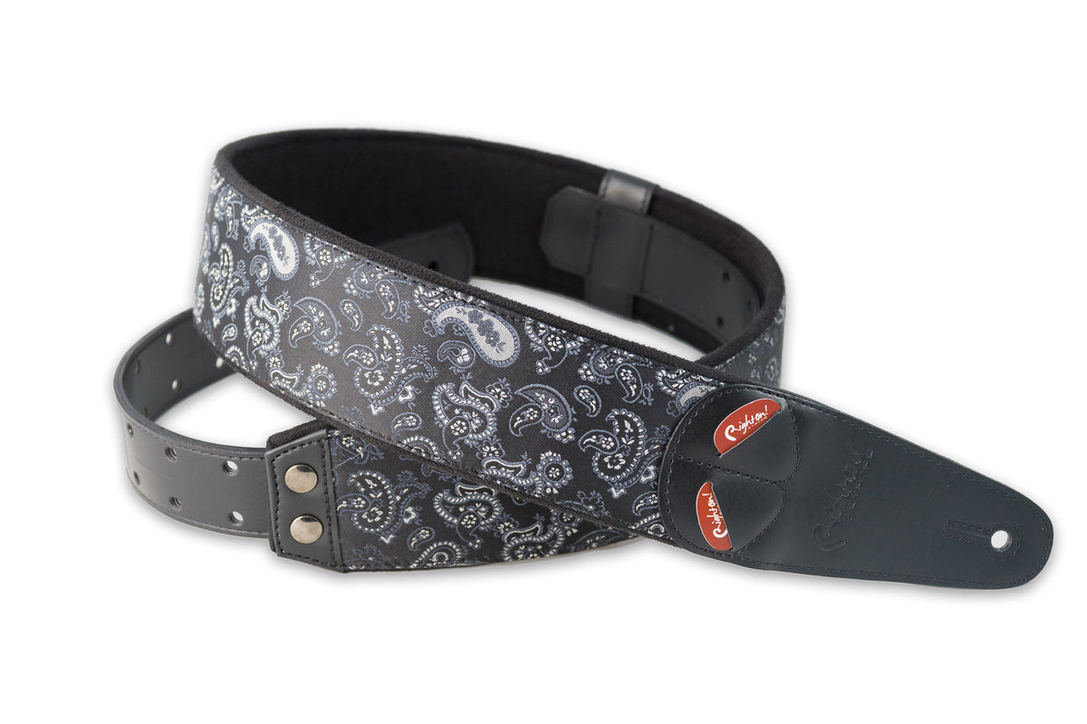 Courroie modèle PAISLEY, extérieur tissu, largeur 6 cm, longueur 100 à 145 cm, porte-médiators intégré, noir
