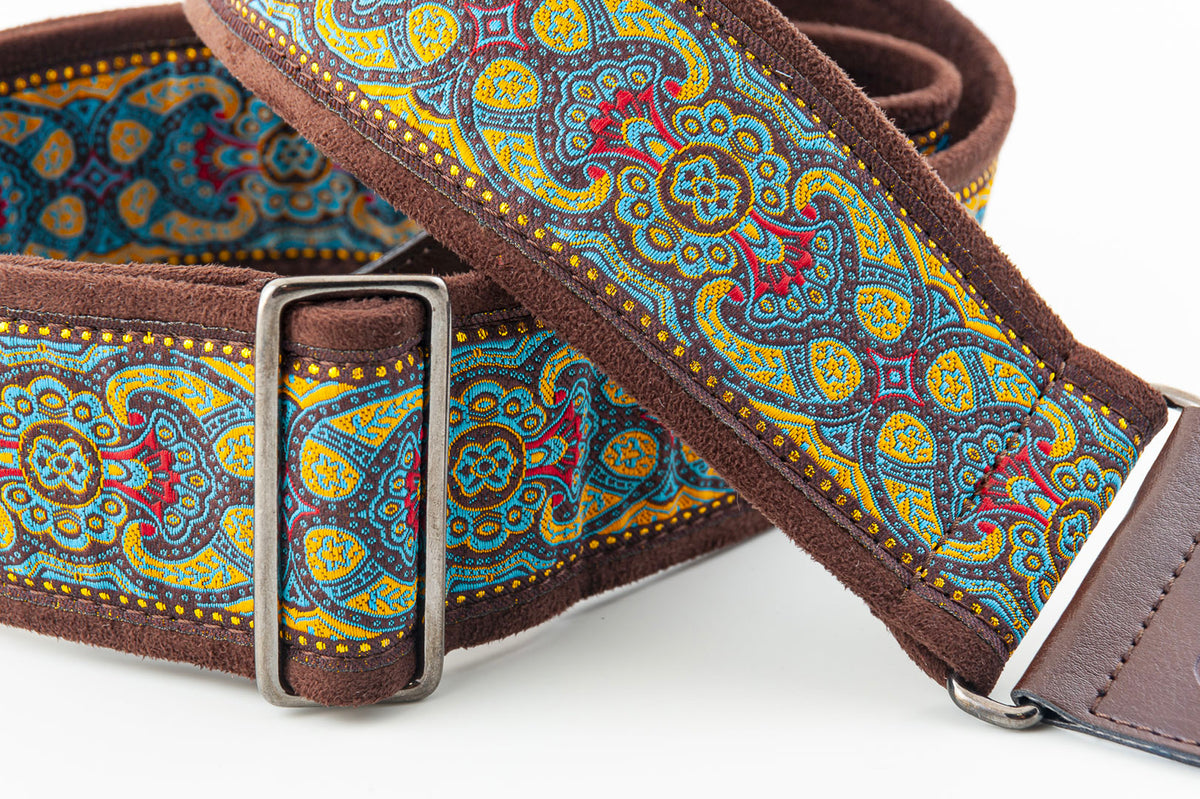 Courroie modèle ROSEKILDE II, tissu Jacquard, largeur 6 cm, longueur 90 à 150 cm, porte-médiators intégré, turquoise