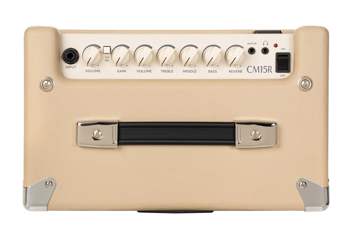 Ampli guitare 15W, 1 x 8", 2 canaux, égaliseur 3 bandes, réverb, entrée CD/MP3 mini-Jack, sortie casque mini-Jack, white sand