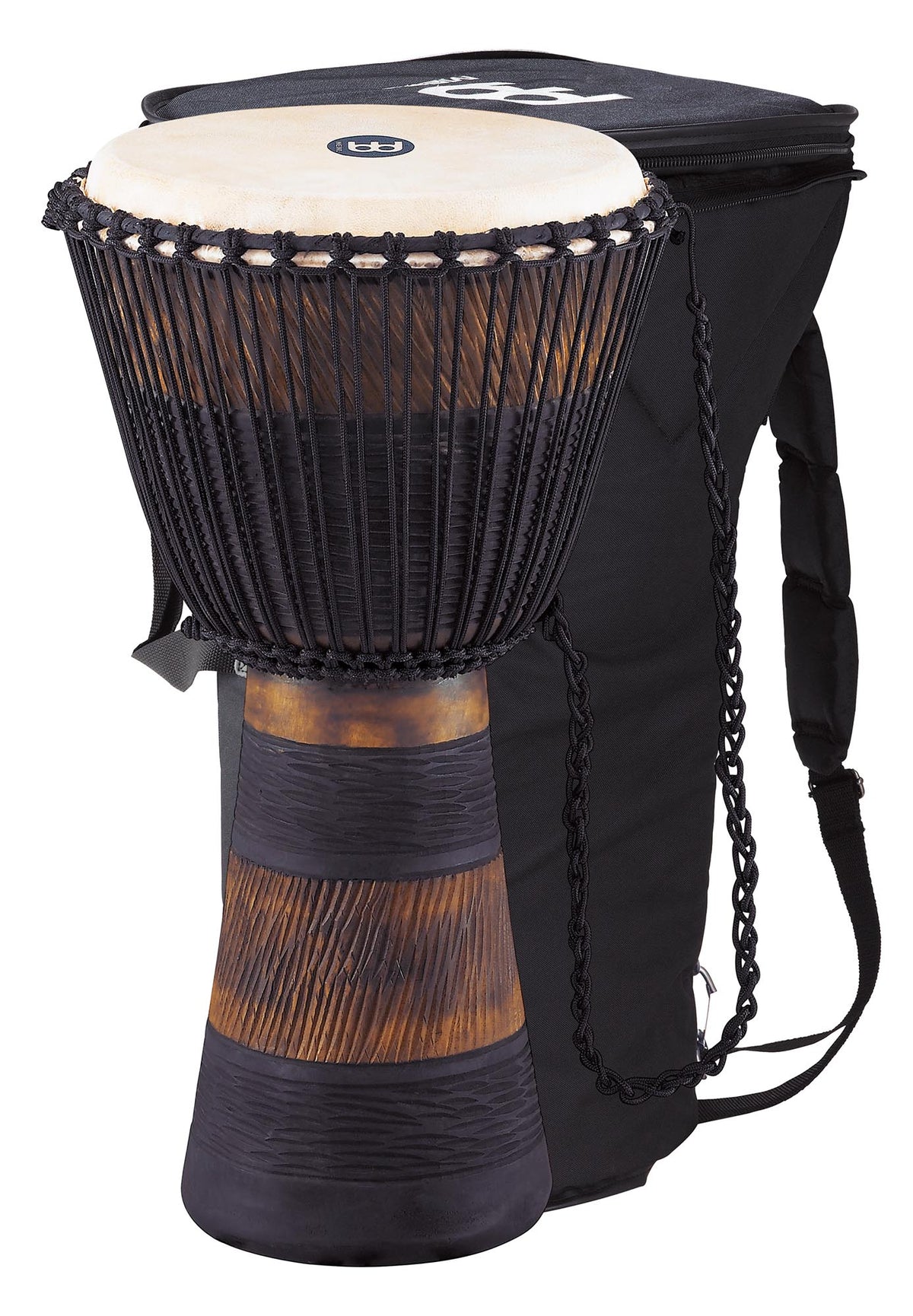 Djembé 12" Earth, acajou, 63.5cm, peau chèvre, cordage nylon 5mm, décorations gravées main, avec housse pro MDJB-M, brun/noir