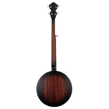 OBJ150, banjo 5 cordes, 18 tirants, fond & éclisses acajou, manche acajou, touche palissandre, whiskey burst satiné