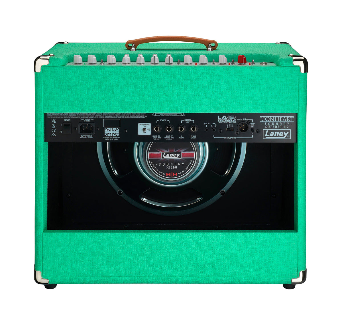 Ampli guitare électrique 60W, 1x HP 12" HH, 2 canaux, EQ 3 bandes, réverb, tremolo, chorus, boucle d'effet, sea foam green