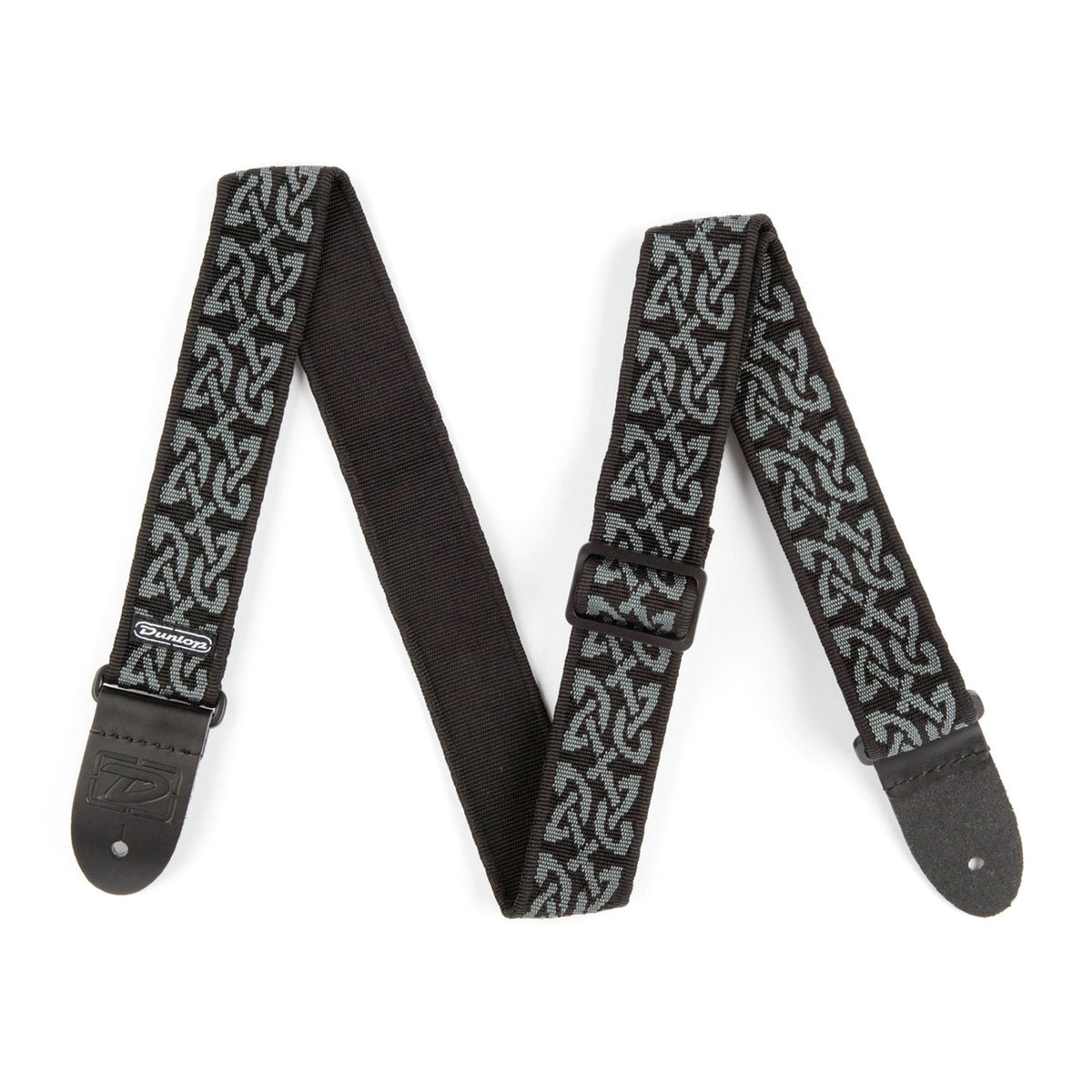 Courroie jacquard modèle CELTIC, extrémités cuir, largeur 5 cm, noir et gris