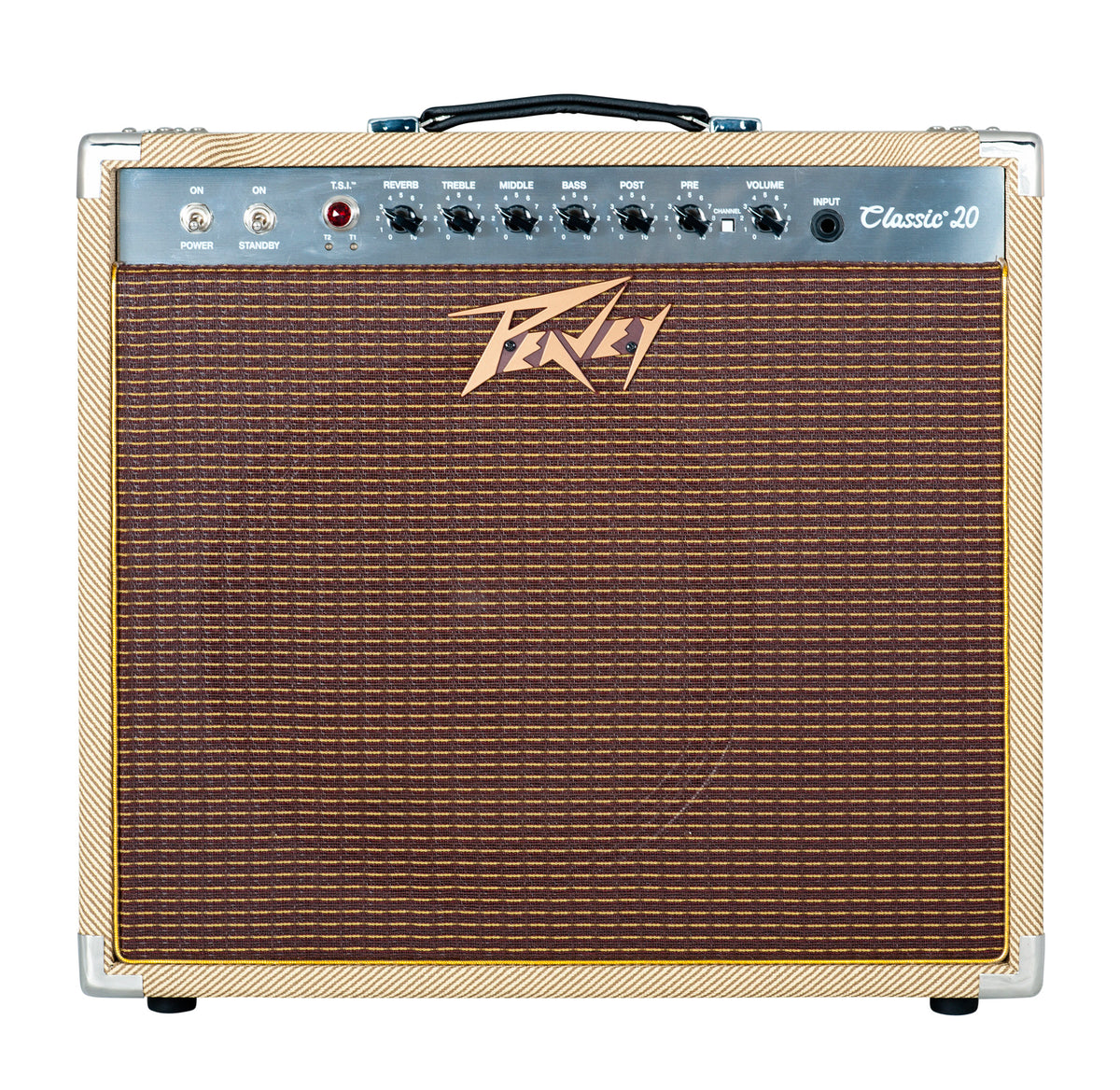 Ampli à lampes 20W, HP 1x 12", 2 canaux, EQ 3 bandes, Reverb intégrée, pédalier inclus, sortie DI, sortie casque, finition tweed
