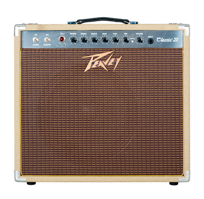 Ampli à lampes 20W, HP 1x 12", 2 canaux, EQ 3 bandes, Reverb intégrée, pédalier inclus, sortie DI, sortie casque, finition tweed