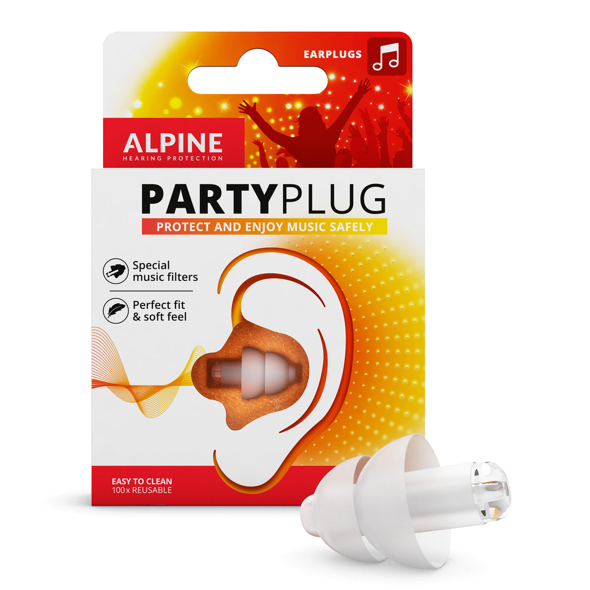 PartyPlug, deux bouchons d'oreilles universels thermoplastiques, atténuation à un niveau sûr (19 dB), étui, transparent